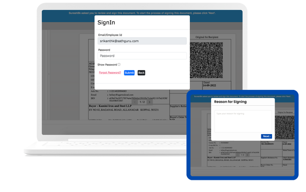 CryptoESIGN interface requiring signature reason and password confirmation for FDA compliance